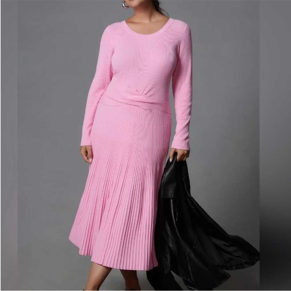Anthropologie Pink Ribbed Knit Stretchy Long Sleeve Dress Size Small